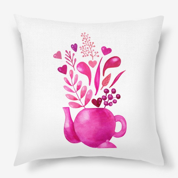 Подушка &laquo;Розовый чайник с розовыми растениями и надписью любовь - love&raquo;