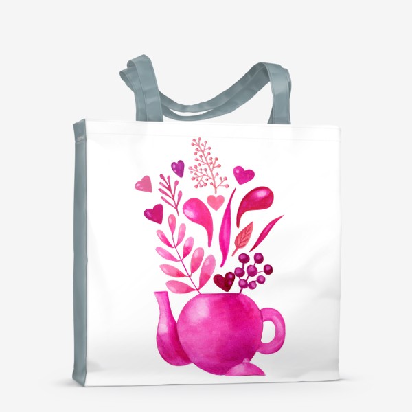 Сумка-шоппер &laquo;Розовый чайник с розовыми растениями и надписью любовь - love&raquo;