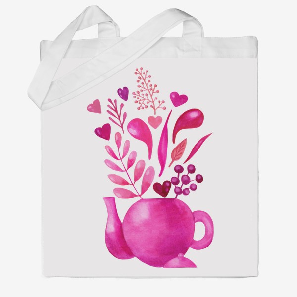 Сумка хб «Розовый чайник с розовыми растениями и надписью любовь - love»