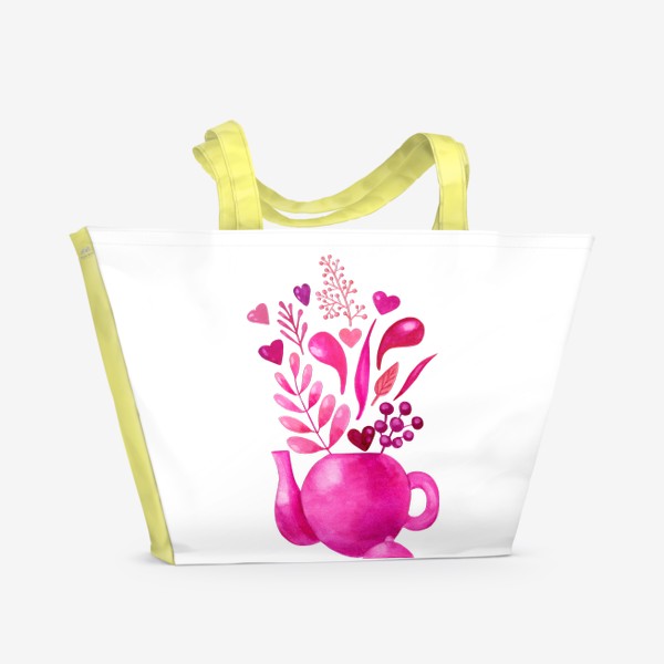 Пляжная сумка &laquo;Розовый чайник с розовыми растениями и надписью любовь - love&raquo;