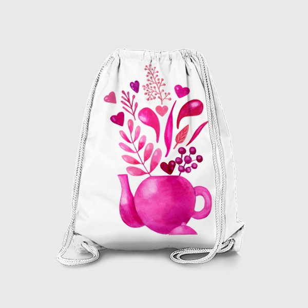 Рюкзак &laquo;Розовый чайник с розовыми растениями и надписью любовь - love&raquo;