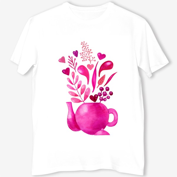 Футболка &laquo;Розовый чайник с розовыми растениями и надписью любовь - love&raquo;