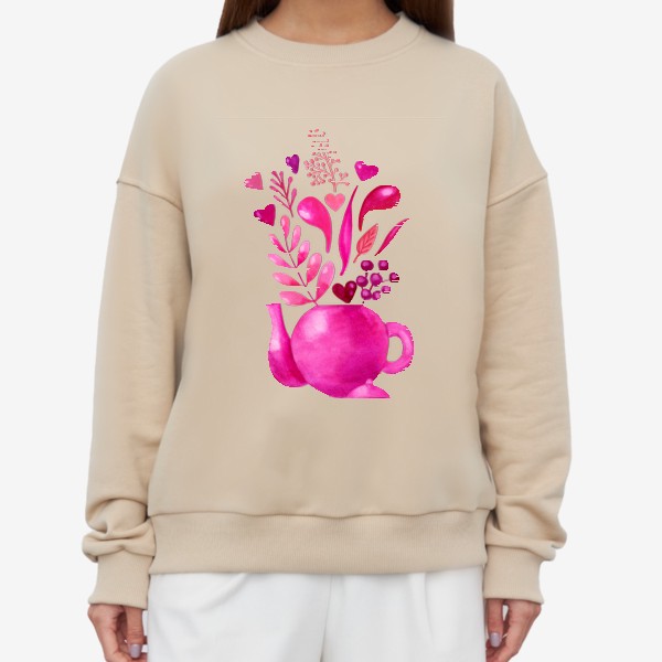 Свитшот &laquo;Розовый чайник с розовыми растениями и надписью любовь - love&raquo;