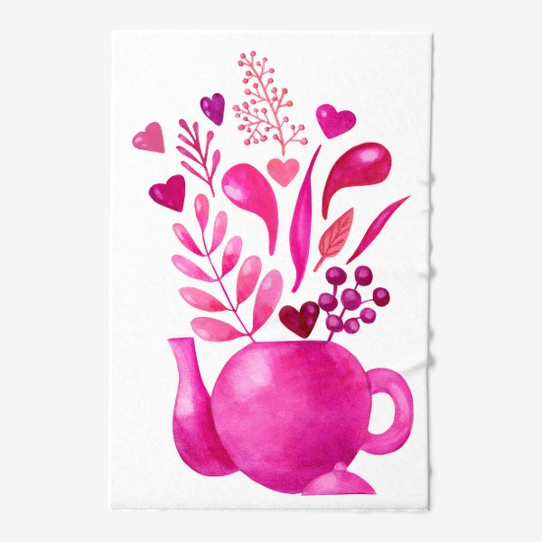 Полотенце &laquo;Розовый чайник с розовыми растениями и надписью любовь - love&raquo;