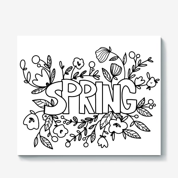 Холст &laquo;Контур дудл милая надпись весна с букетом цветов и листья. Монохром&raquo;