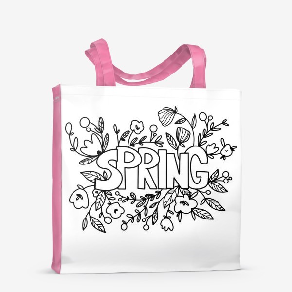 Сумка-шоппер «Контур дудл милая надпись весна с букетом цветов и листья. Монохром»