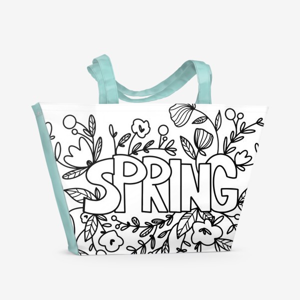 Пляжная сумка &laquo;Контур дудл милая надпись весна с букетом цветов и листья. Монохром&raquo;