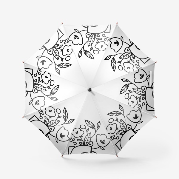 Зонт «Контур дудл милая надпись весна с букетом цветов и листья. Монохром»