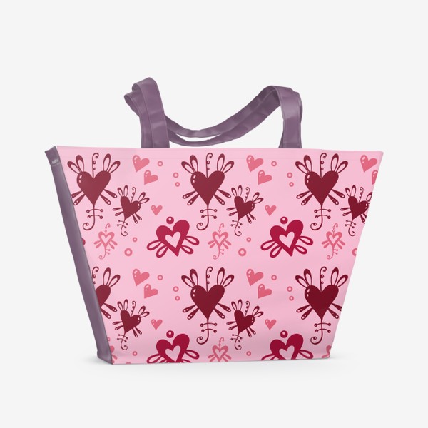 Пляжная сумка «Разноцветные сердечки на розовом.»