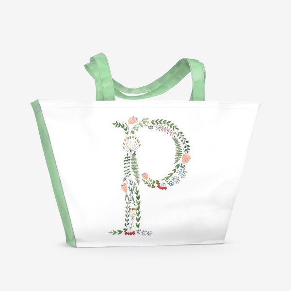 Пляжная сумка &laquo;Буква Р из листиков, веточек, ягод и цветов.&raquo;