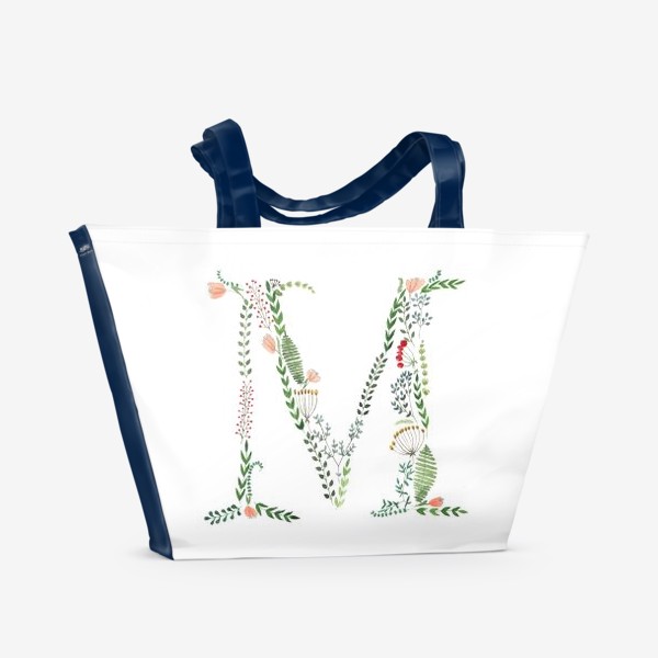 Пляжная сумка &laquo;Буква М из листиков, веточек, ягод и цветов.&raquo;