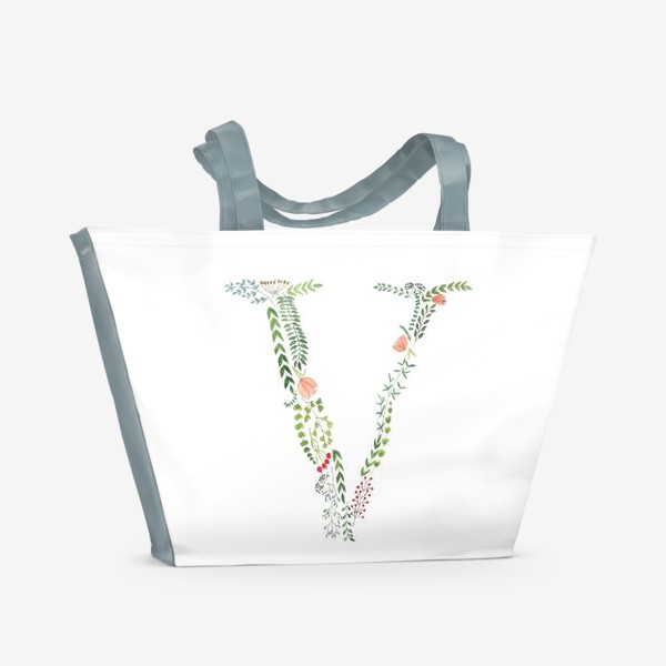 Пляжная сумка «Буква V из листиков, веточек, ягод и цветов.»