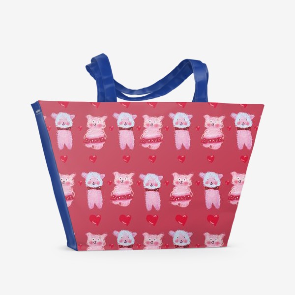 Пляжная сумка «Розовые овечки и сердечки на темно-розовом фоне»