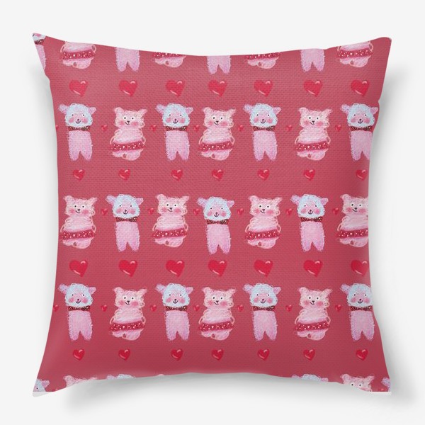 Подушка «Розовые овечки и сердечки на темно-розовом фоне»