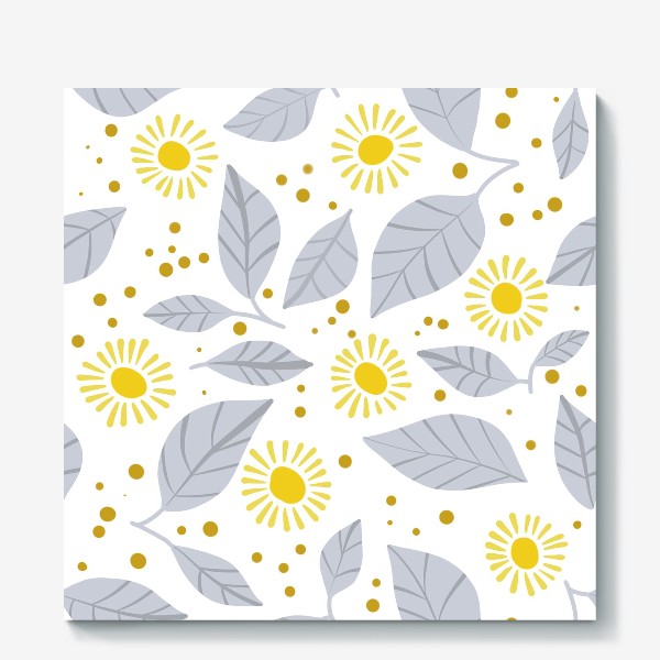 Холст «веселый паттерн с желтыми цветами и серыми листьями на белом фоне»