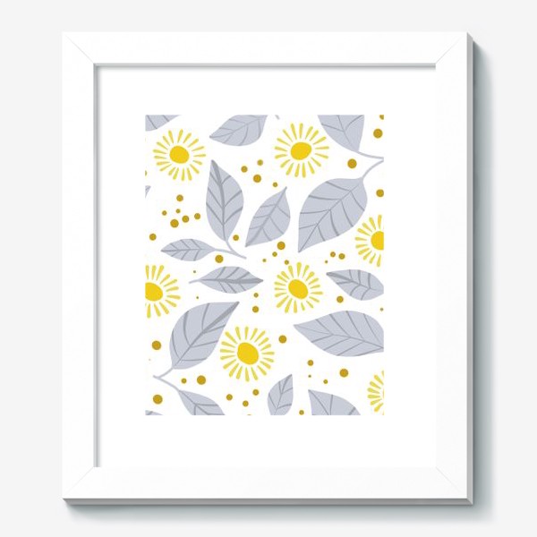 Картина «веселый паттерн с желтыми цветами и серыми листьями на белом фоне»