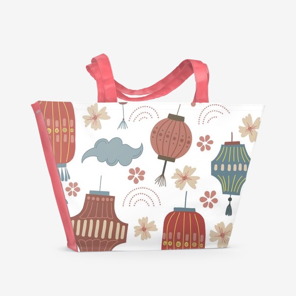 Пляжная сумка «веселый паттерн с китайскими фонариками, цветами и облаками  на белом фоне»