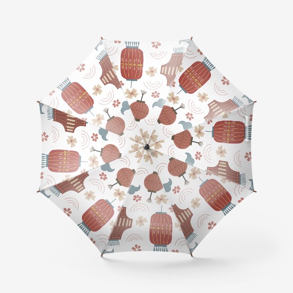 Зонт «веселый паттерн с китайскими фонариками, цветами и облаками  на белом фоне»