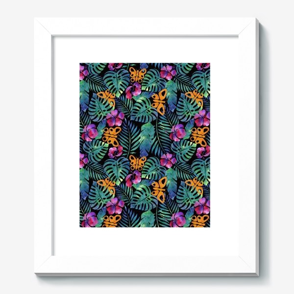Картина «Паттерн тропический ,листья , цветы ,бабочки на черном»