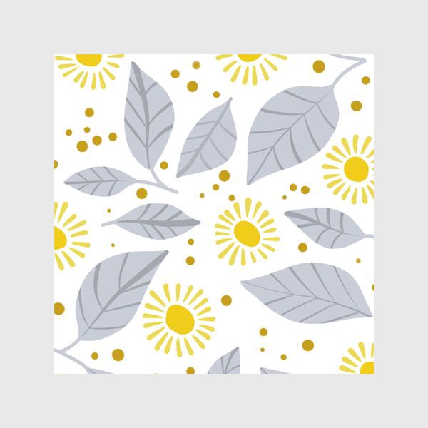 Шторы &laquo;веселый паттерн с желтыми цветами и серыми листьями на белом фоне&raquo;