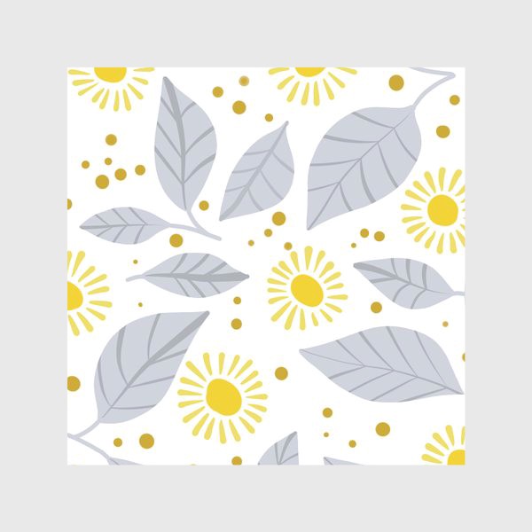 Скатерть «веселый паттерн с желтыми цветами и серыми листьями на белом фоне»