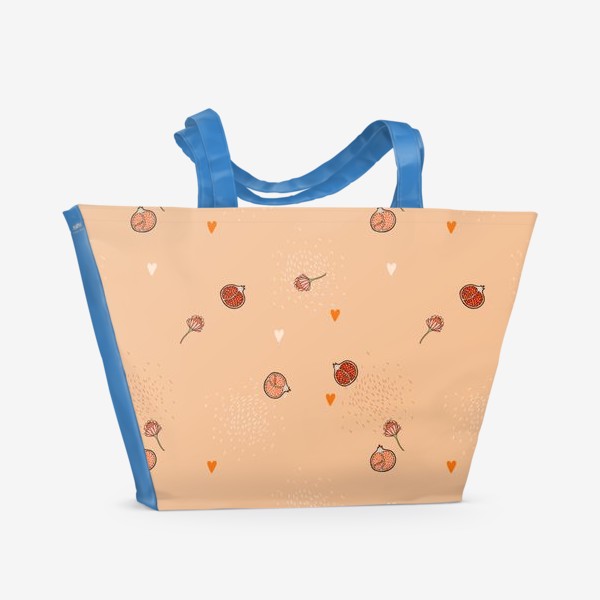 Пляжная сумка «Гранаты, цветы и сердца на персиковом фоне.»