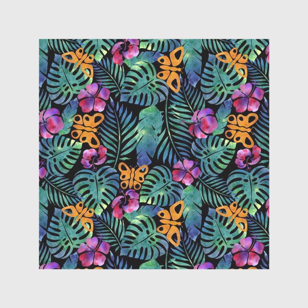 Скатерть «Паттерн тропический ,листья , цветы ,бабочки на черном»
