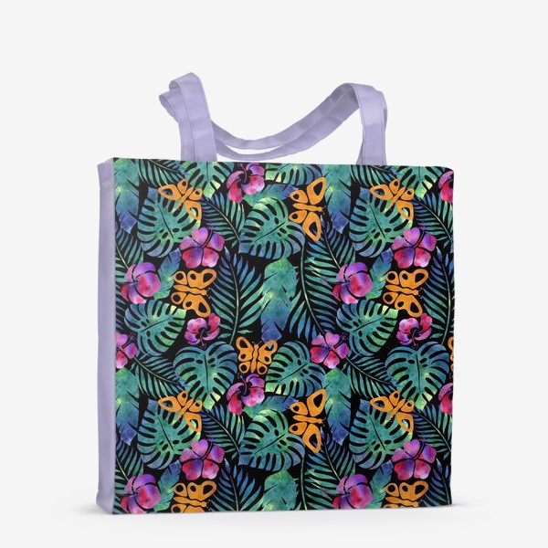 Сумка-шоппер «Паттерн тропический ,листья , цветы ,бабочки на черном»