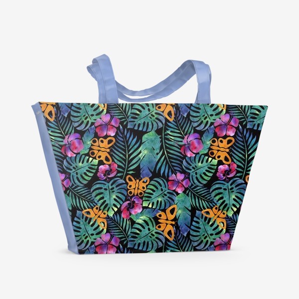 Пляжная сумка «Паттерн тропический ,листья , цветы ,бабочки на черном»