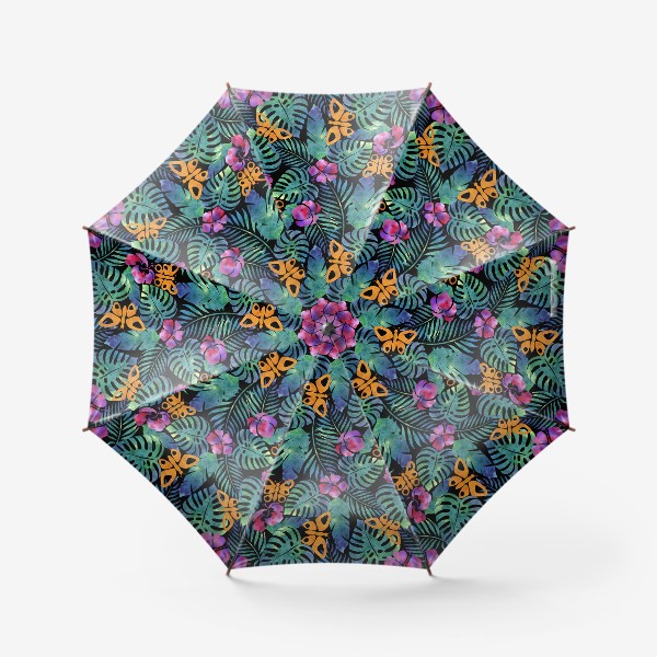 Зонт «Паттерн тропический ,листья , цветы ,бабочки на черном»