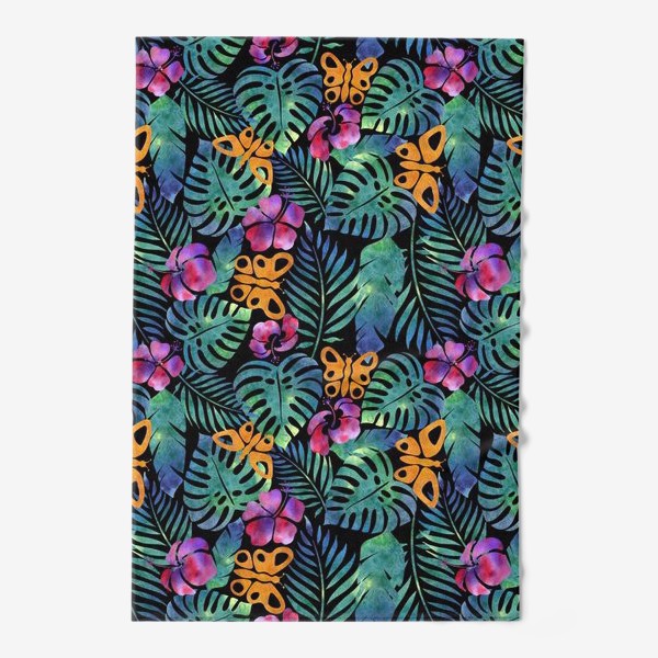 Полотенце «Паттерн тропический ,листья , цветы ,бабочки на черном»