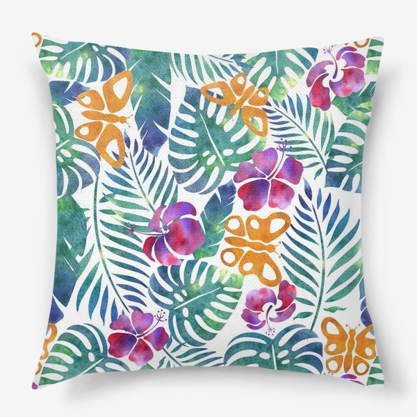 Подушка «Паттерн тропические листья, цветы и бабочки на белом фоне»