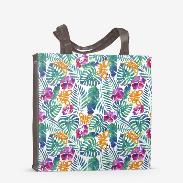 Сумка-шоппер «Паттерн тропические листья, цветы и бабочки на белом фоне»