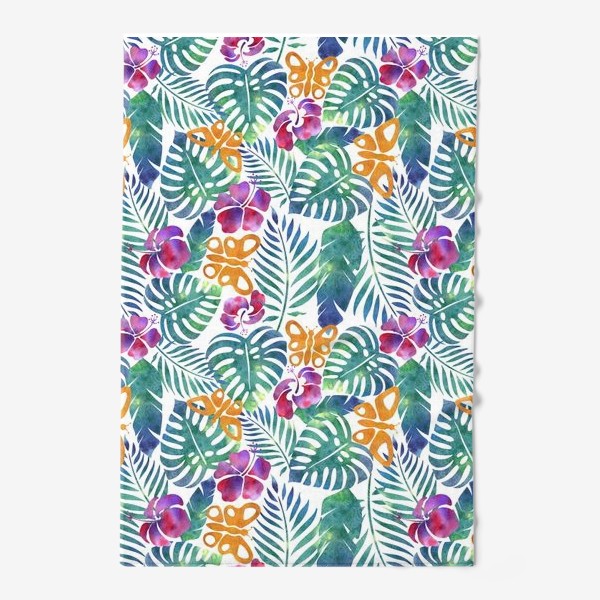 Полотенце «Паттерн тропические листья, цветы и бабочки на белом фоне»