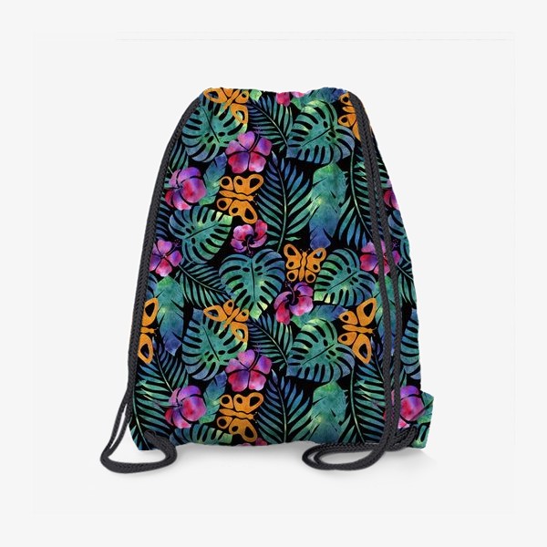 Рюкзак «Паттерн тропический ,листья , цветы ,бабочки на черном»