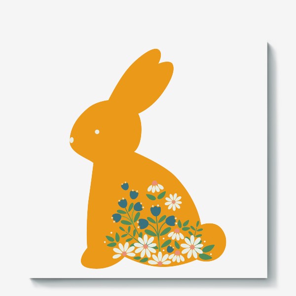 Холст «Желтый заяц с цветочным узором, колокольчики и ромашки»