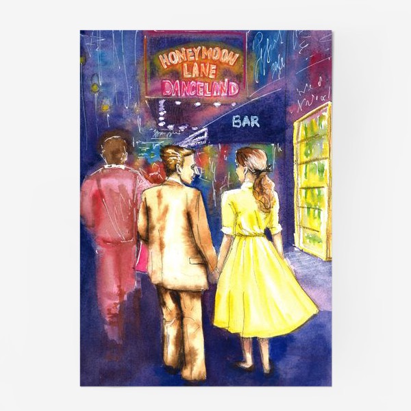 Постер «Акварель. Ночь. Парень и девушка. Прогулка в городе на улице. Неоновые вывеска.»