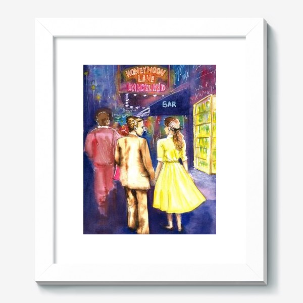 Картина «Акварель. Ночь. Парень и девушка. Прогулка в городе на улице. Неоновые вывеска.»