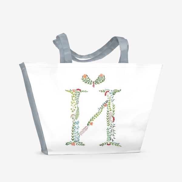 Пляжная сумка «Буква Й из веточек, листиков, ягод и цветов.»