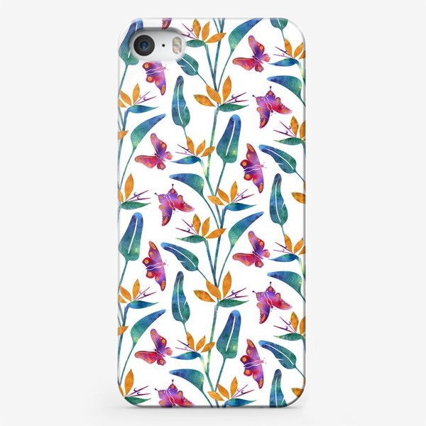 Чехол iPhone &laquo;Тропический паттерн, стрелиции и бабочки на белом&raquo;