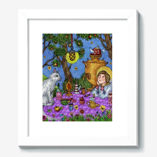 Картина «Уютное чаепитие в саду. Добрый ангел и кот.»