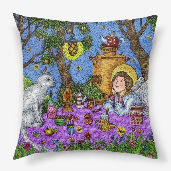 Подушка «Уютное чаепитие в саду. Добрый ангел и кот.»