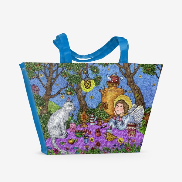 Пляжная сумка «Уютное чаепитие в саду. Добрый ангел и кот.»