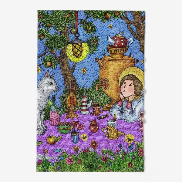Полотенце «Уютное чаепитие в саду. Добрый ангел и кот.»