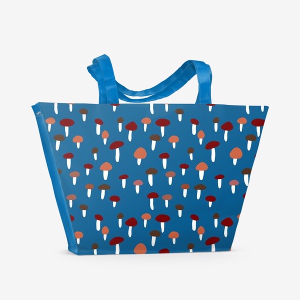 Пляжная сумка «Паттерн с грибами на синем фоне в стиле минимализм»