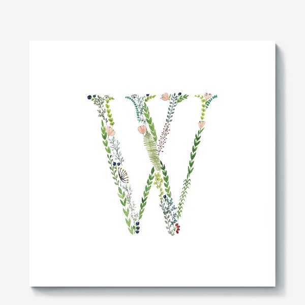 Холст «Буква W из веточек, листиков, ягод и цветов.»