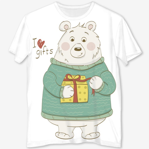 Футболка с полной запечаткой «Медведь. Любовь к подаркам.»