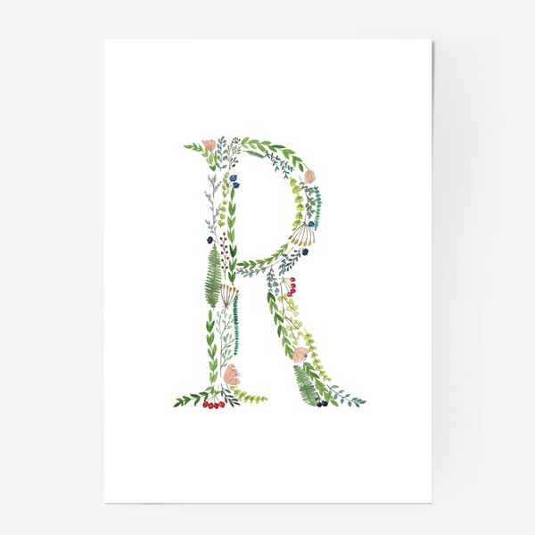 Постер «Буква R из веточек, листиков, ягод и цветов.»