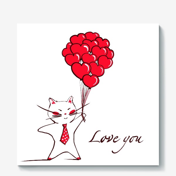 Холст «Кот с красными шарами сердечками»