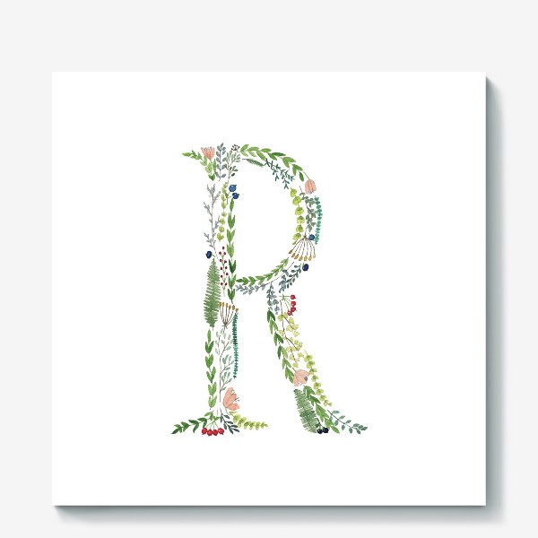 Холст «Буква R из веточек, листиков, ягод и цветов.»